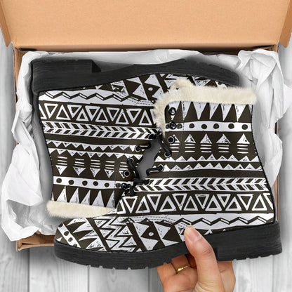 Hand draw Tribal Aztec Faux Fur Leather Boots