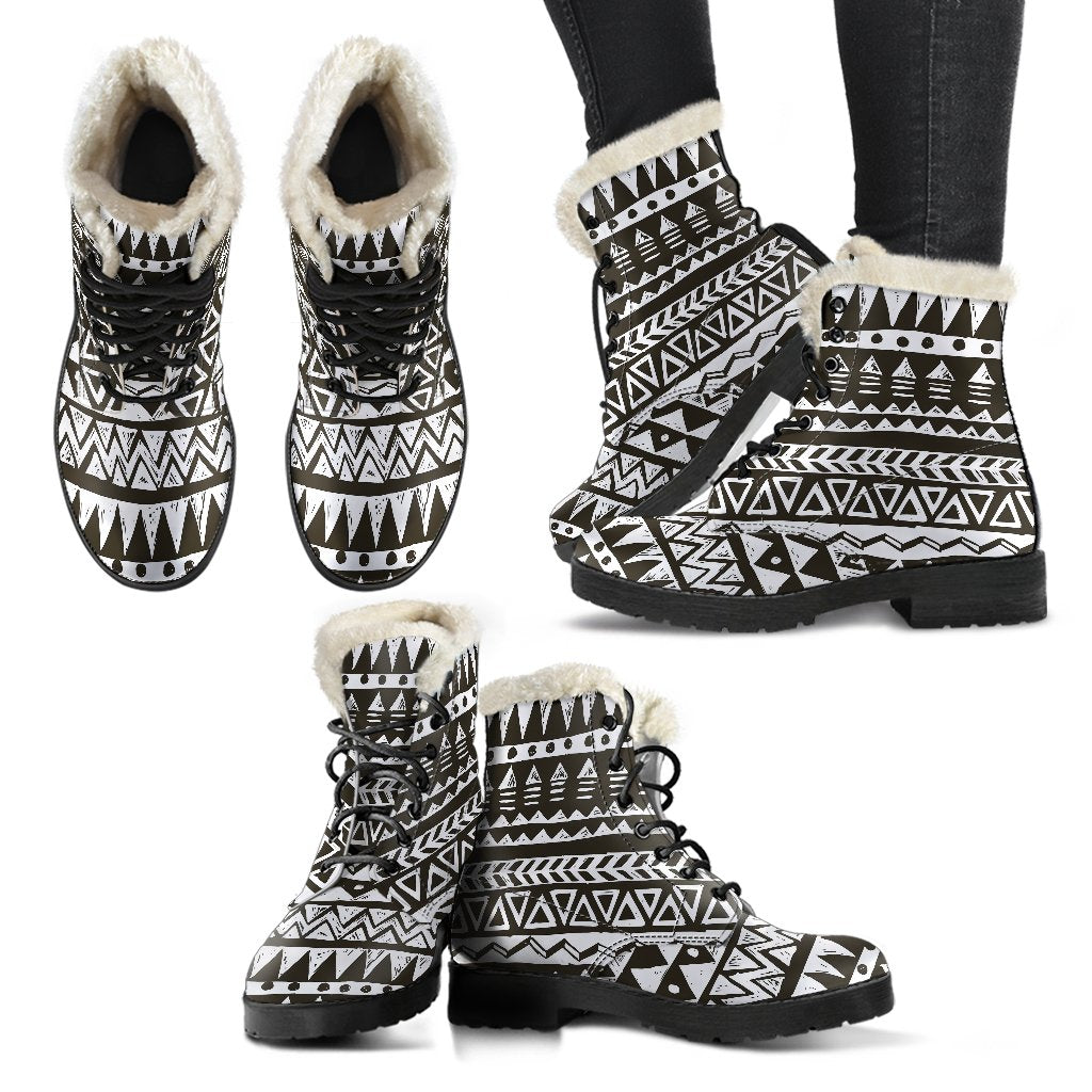 Hand draw Tribal Aztec Faux Fur Leather Boots