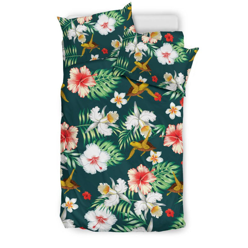 Hawaiian Flower Design With SeaTurtle Print Duvet Cover Bedding Set-JORJUNE.COM