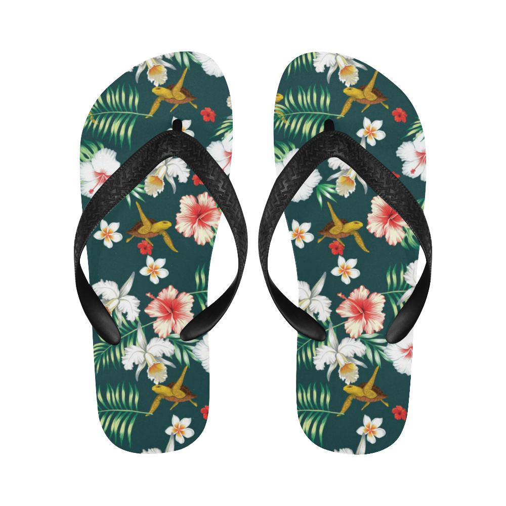 Hawaiian Flower Design with SeaTurtle Print Flip Flops-JorJune