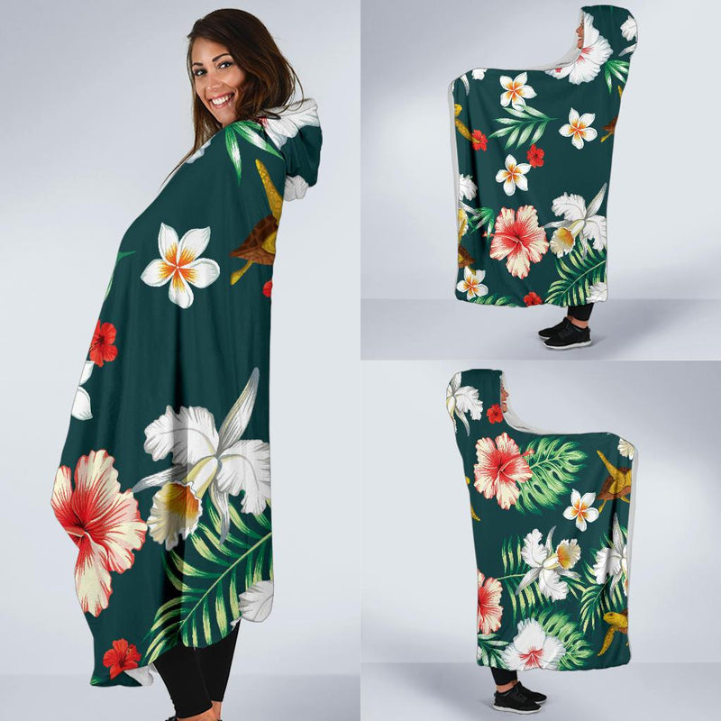 Hawaiian Flower Design with SeaTurtle Print Hooded Blanket-JORJUNE.COM