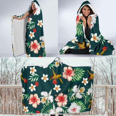 Hawaiian Flower Design with SeaTurtle Print Hooded Blanket-JORJUNE.COM