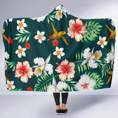 Hawaiian Flower Design with SeaTurtle Print Hooded Blanket-JORJUNE.COM