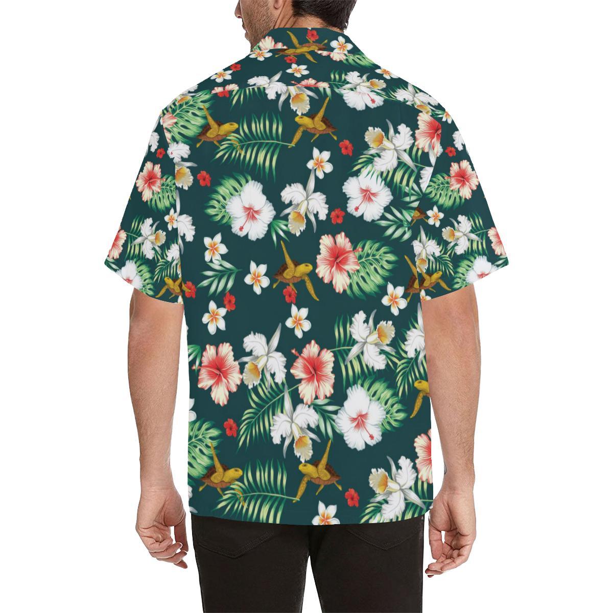 Hawaiian Flower Design with SeaTurtle Print Men Hawaiian Shirt-JorJune