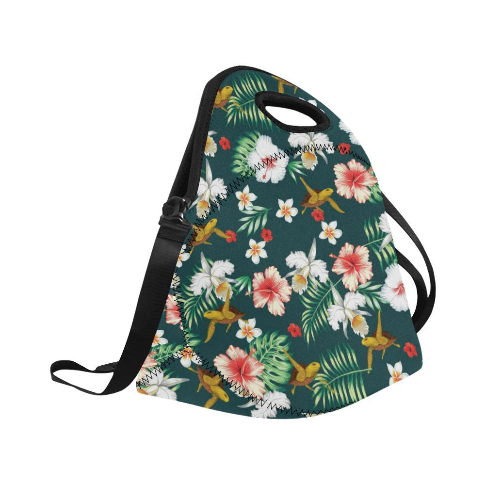 Hawaiian Flower Design with SeaTurtle Print Neoprene Lunch Bag-JorJune
