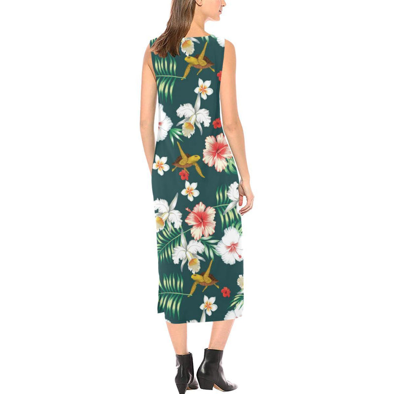 Hawaiian Flower Design with SeaTurtle Print Sleeveless Open Fork Long Dress