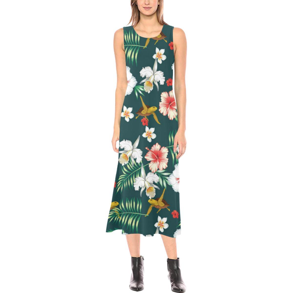 Hawaiian Flower Design with SeaTurtle Print Sleeveless Open Fork Long Dress