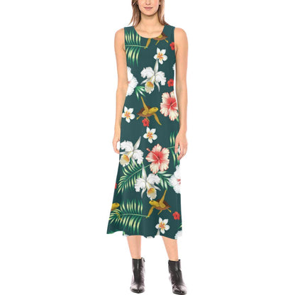 Hawaiian Flower Design with SeaTurtle Print Sleeveless Open Fork Long Dress