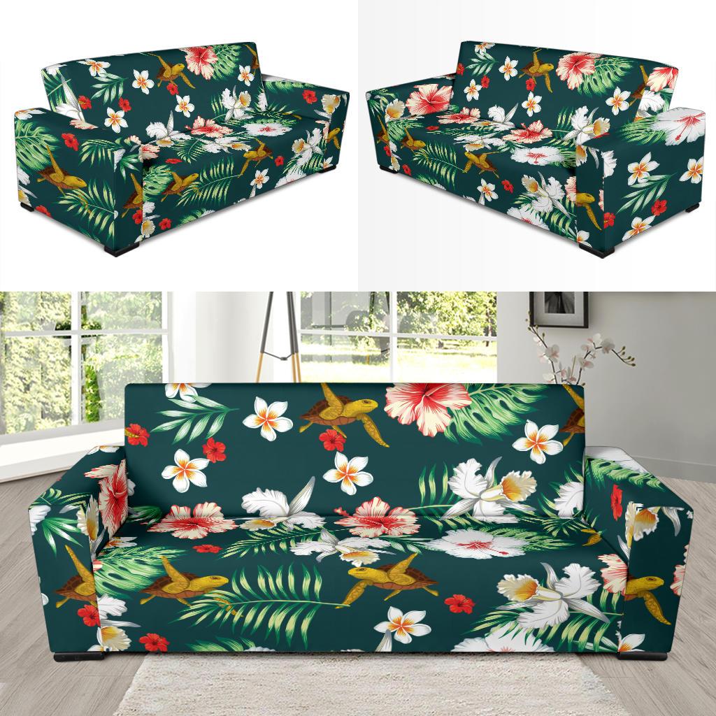 Hawaiian Flower Design with SeaTurtle Print Sofa Slipcover-JORJUNE.COM