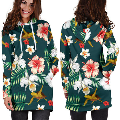 Hawaiian Flower Design with SeaTurtle Print Women Hoodie Dress