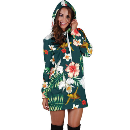 Hawaiian Flower Design with SeaTurtle Print Women Hoodie Dress