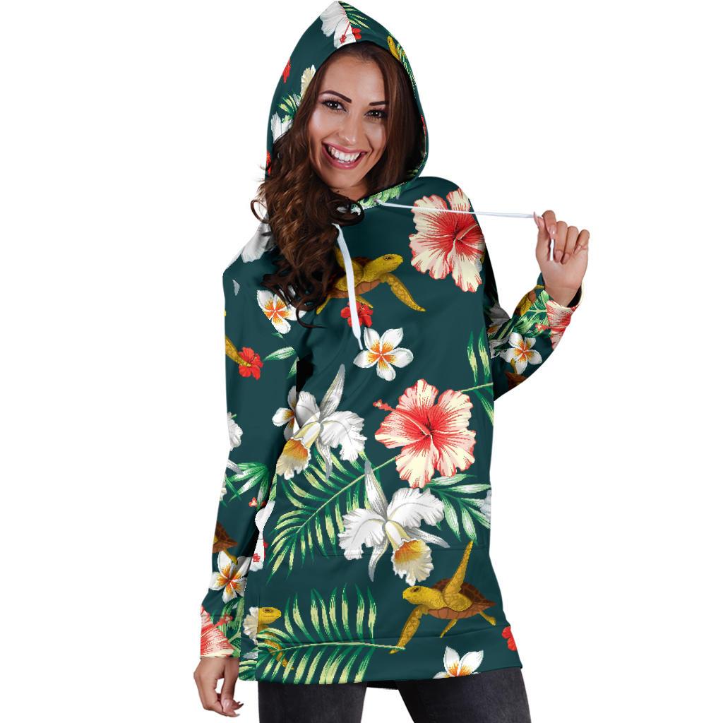 Hawaiian Flower Design with SeaTurtle Print Women Hoodie Dress