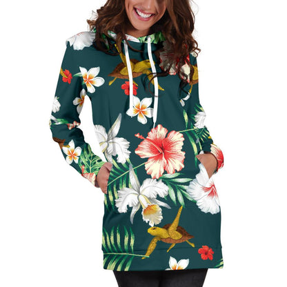 Hawaiian Flower Design with SeaTurtle Print Women Hoodie Dress