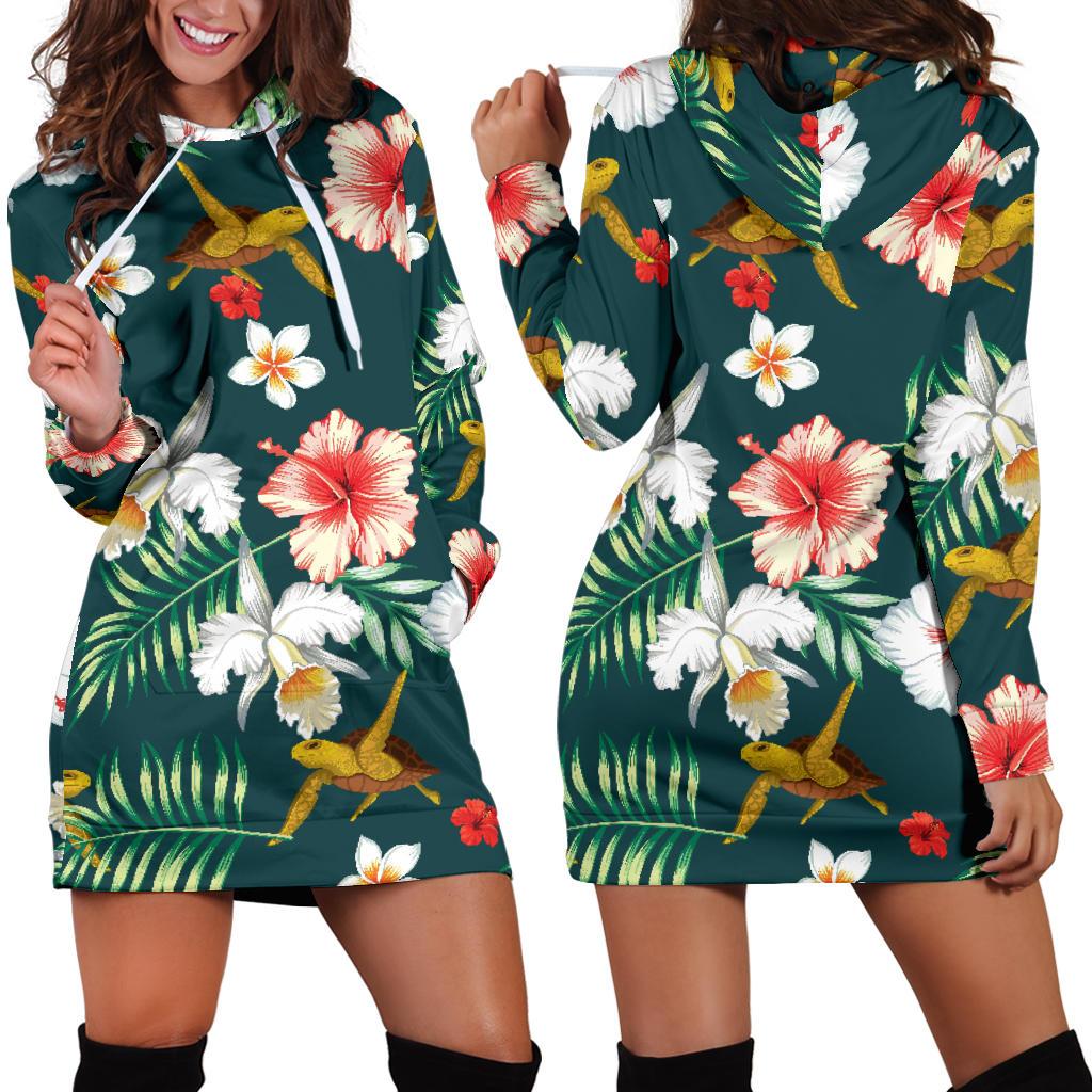 Hawaiian Flower Design with SeaTurtle Print Women Hoodie Dress