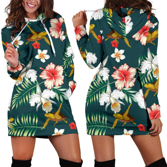 Hawaiian Flower Design with SeaTurtle Print Women Hoodie Dress