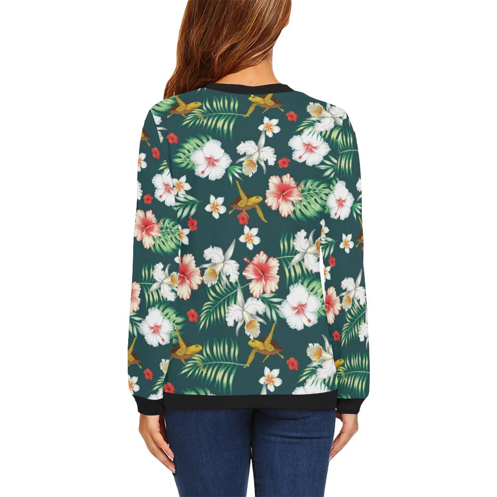 Hawaiian Flower Design with SeaTurtle Print Women Long Sleeve Sweatshirt-JorJune