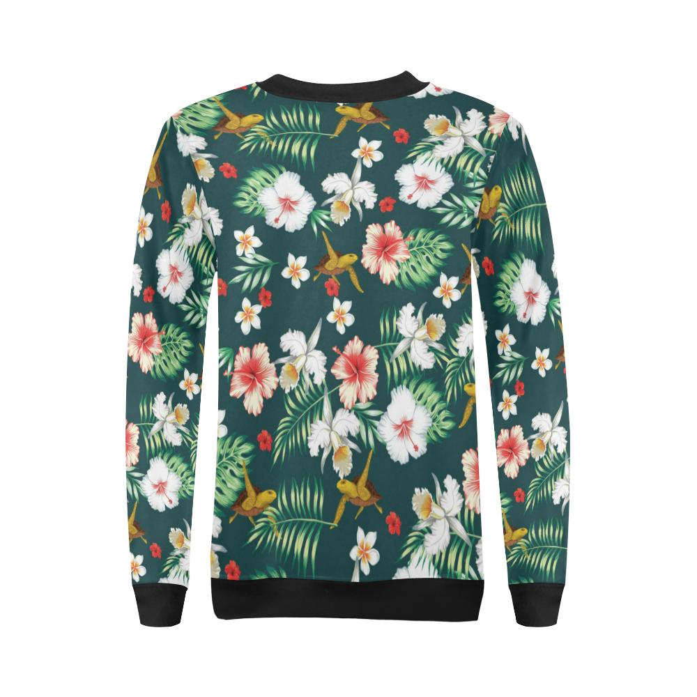 Hawaiian Flower Design with SeaTurtle Print Women Long Sleeve Sweatshirt-JorJune