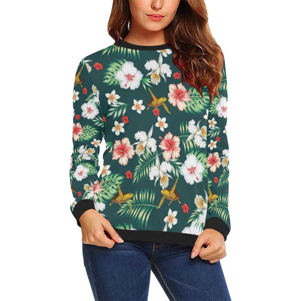 Hawaiian Flower Design with SeaTurtle Print Women Long Sleeve Sweatshirt-JorJune