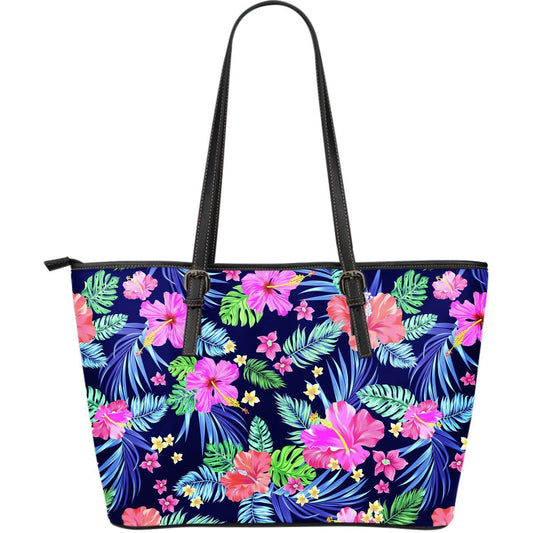 Hawaiian Tropical Hibiscus Neon Large Leather Tote Bag