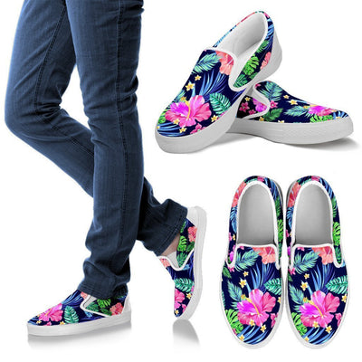 Hawaiian Tropical Hibiscus Neon Women Canvas Slip On Shoes