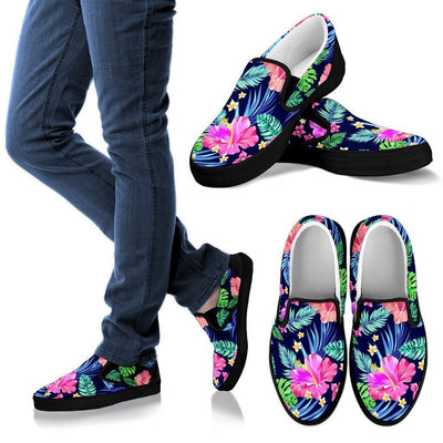 Hawaiian Tropical Hibiscus Neon Women Canvas Slip On Shoes