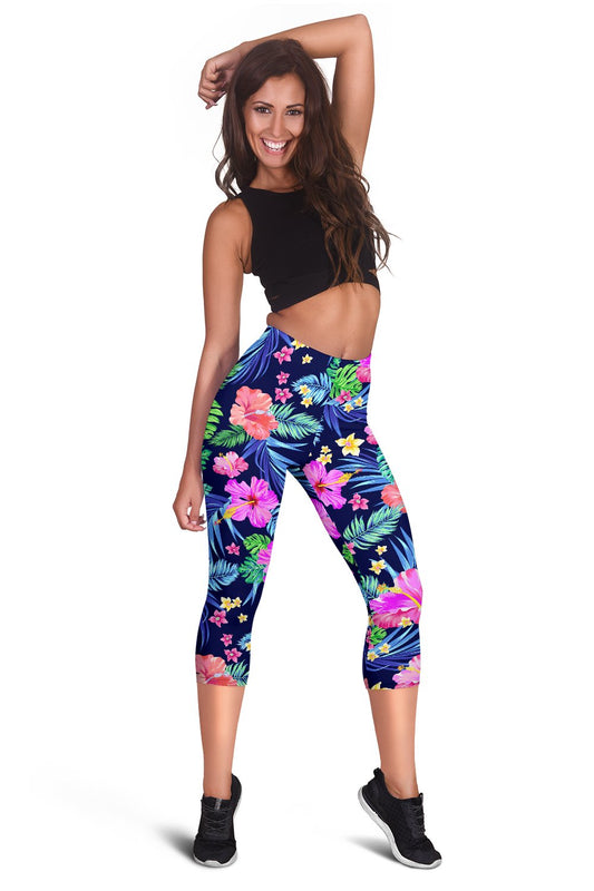 Hawaiian Flower Hibiscus Neon Women Capris