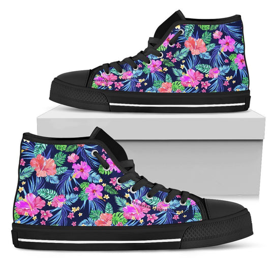 Hawaiian Tropical Hibiscus Neon Women High Top Canvas Shoes