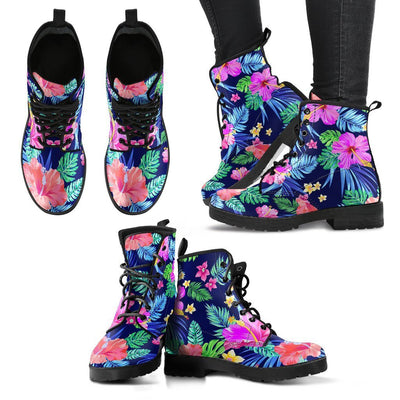 Hawaiian Tropical Hibiscus Neon Women & Men Leather Boots