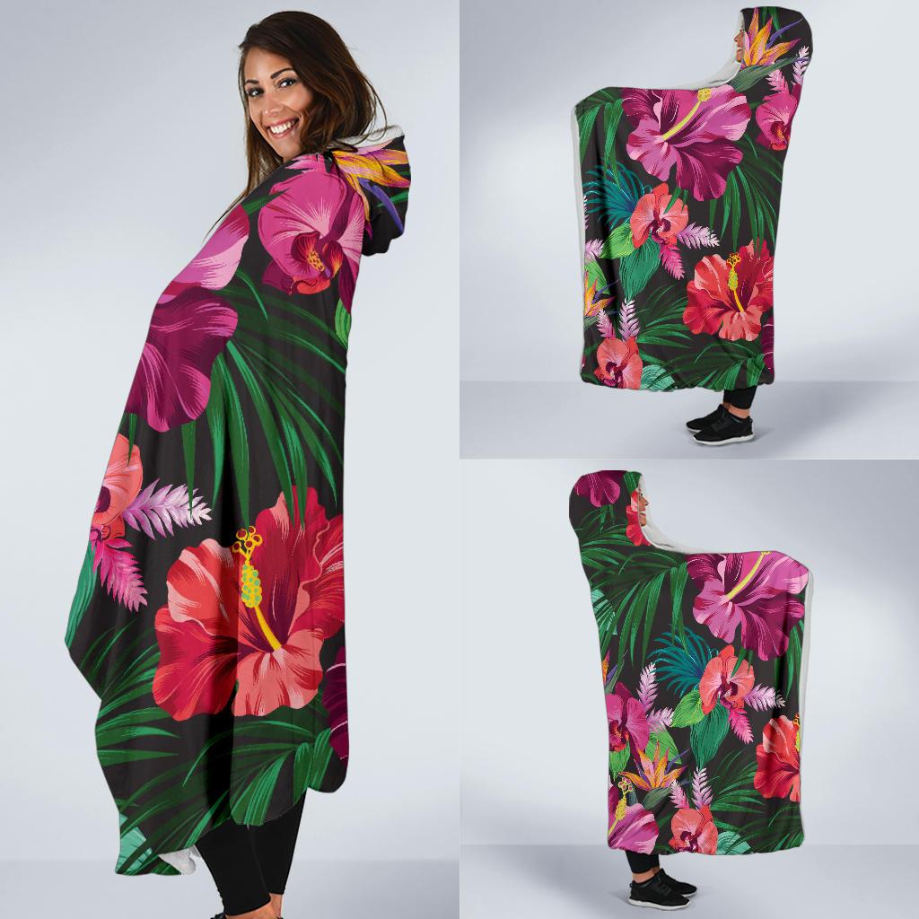 Hawaiian Flower Hibiscus tropical Hooded Blanket-JORJUNE.COM