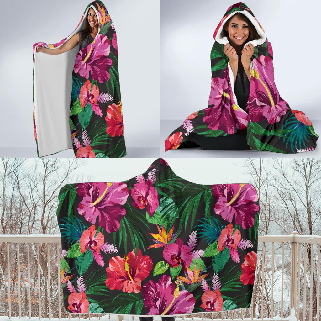 Hawaiian Flower Hibiscus tropical Hooded Blanket-JORJUNE.COM