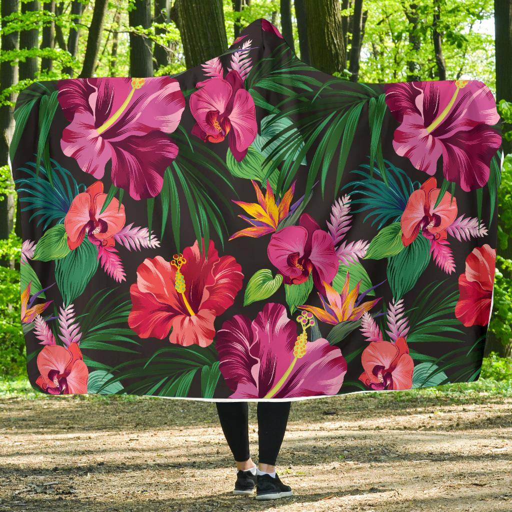 Hawaiian Flower Hibiscus tropical Hooded Blanket-JORJUNE.COM