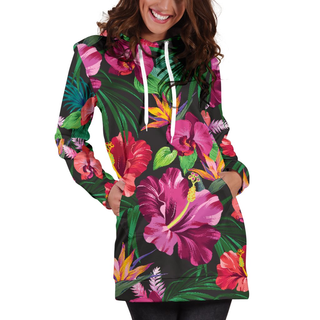 Hawaiian Flower Hibiscus Tropical Women Hoodie Dress