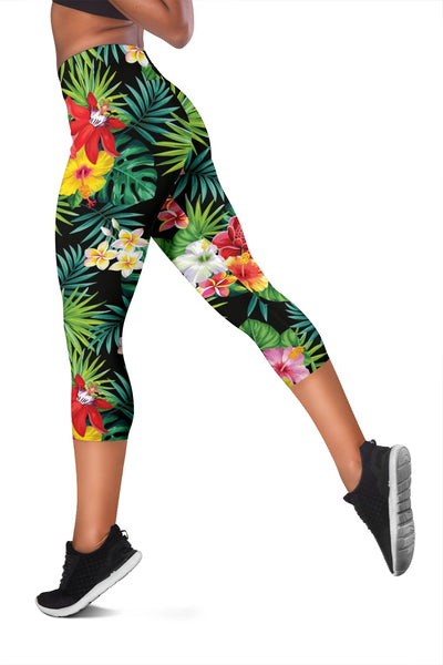 Hawaiian Flower Jungle Green Women Capris