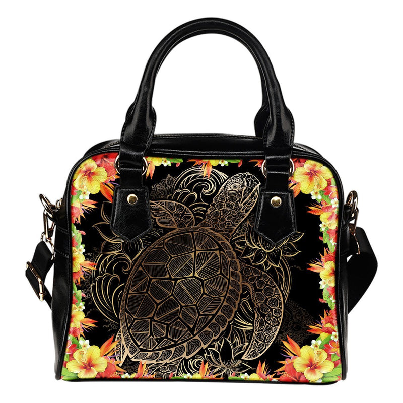 Hawaiian flower Sea turtle Leather Shoulder Handbag