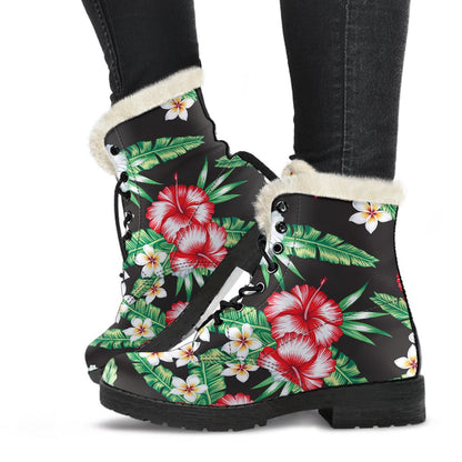 Hawaiian flower tropical leaves Faux Fur Leather Boots