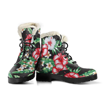 Hawaiian flower tropical leaves Faux Fur Leather Boots
