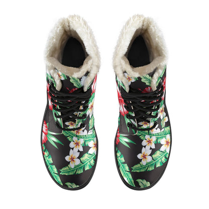 Hawaiian flower tropical leaves Faux Fur Leather Boots