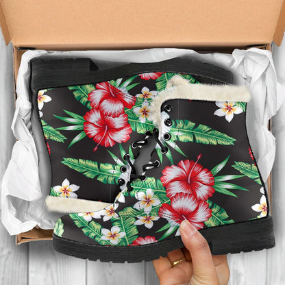 Hawaiian flower tropical leaves Faux Fur Leather Boots