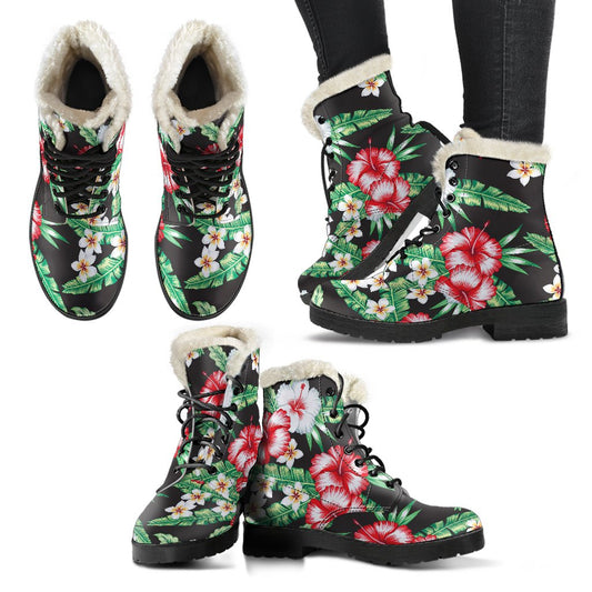 Hawaiian flower tropical leaves Faux Fur Leather Boots