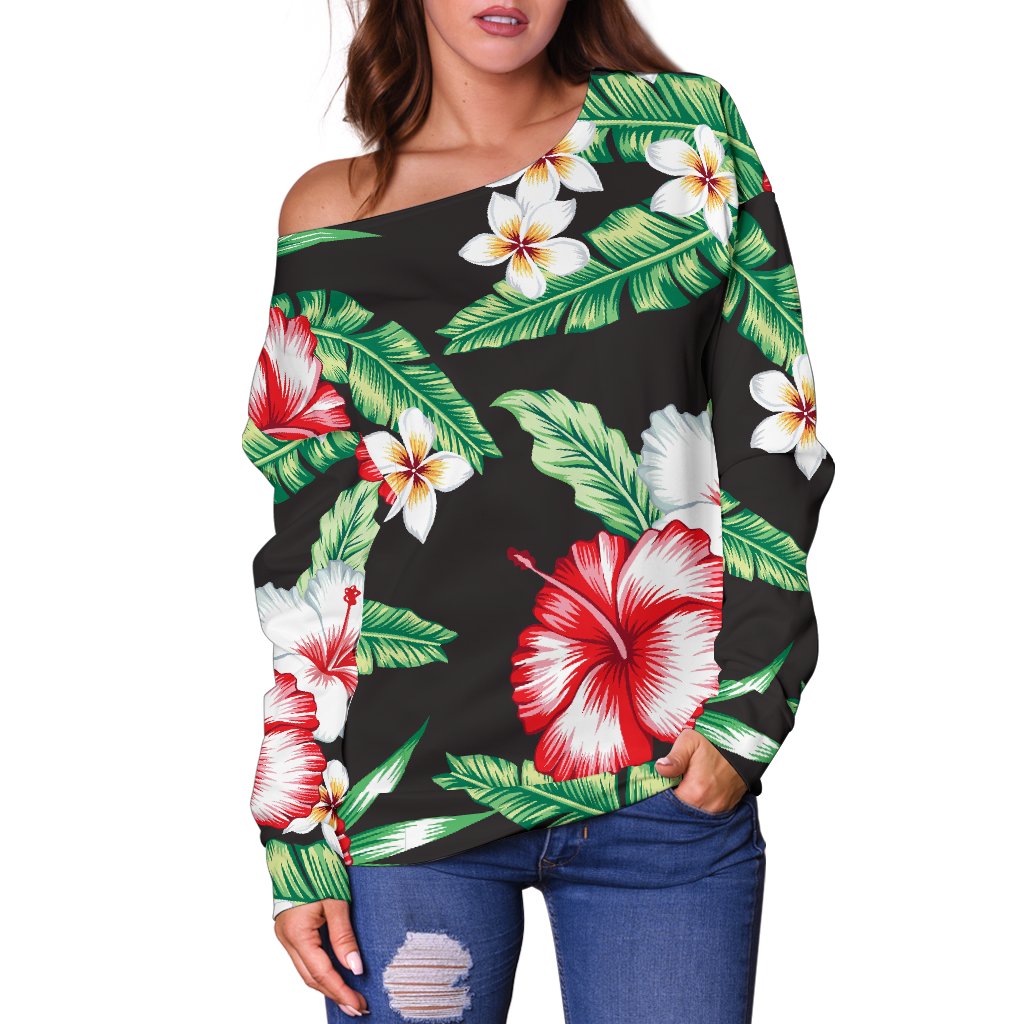 Hawaiian Flower Tropical Leaves Off Shoulder Sweatshirt