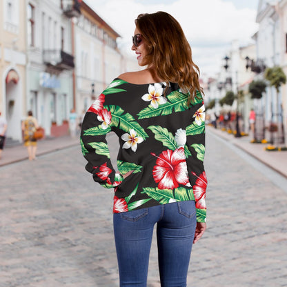 Hawaiian Flower Tropical Leaves Off Shoulder Sweatshirt