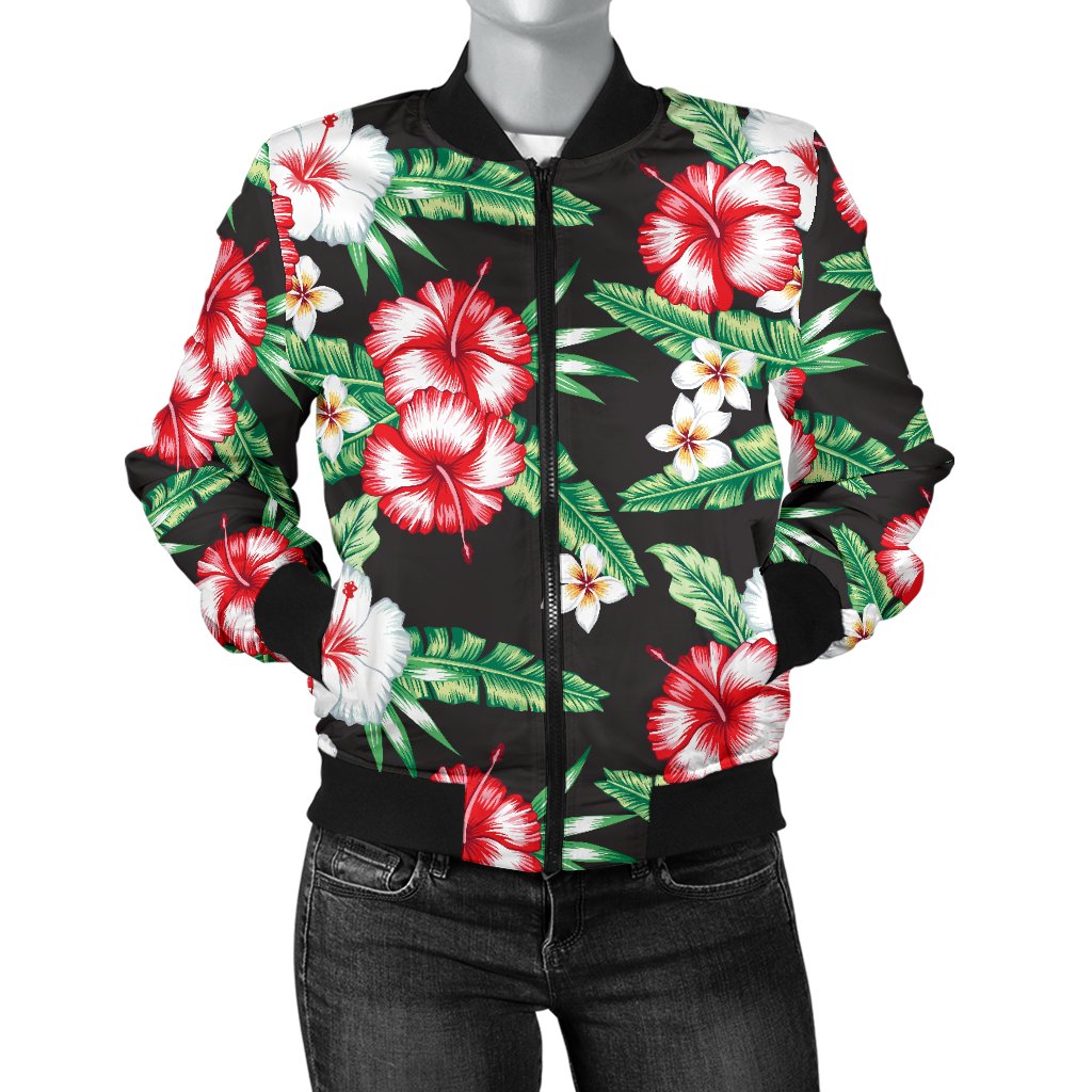 Hawaiian Flower Tropical Leaves Women Casual Bomber Jacket