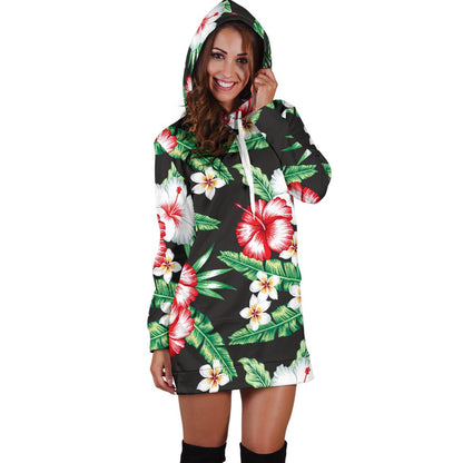 Hawaiian Flower Tropical Leaves Women Hoodie Dress