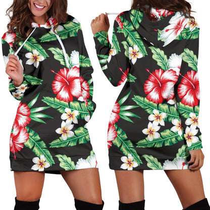 Hawaiian Flower Tropical Leaves Women Hoodie Dress