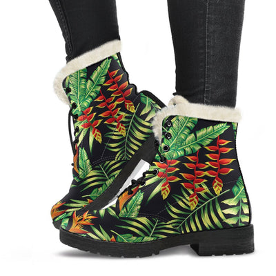 Hawaiian Flower Tropical Palm Leaves Faux Fur Leather Boots