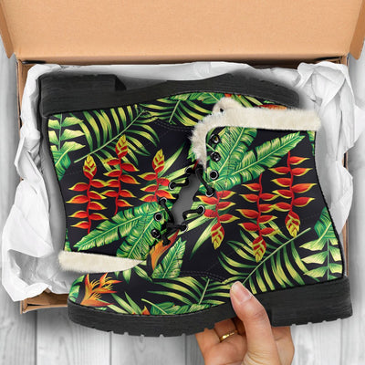 Hawaiian Flower Tropical Palm Leaves Faux Fur Leather Boots