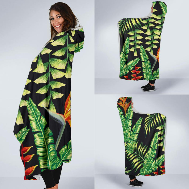 Hawaiian Flower Tropical Palm Leaves Hooded Blanket-JORJUNE.COM