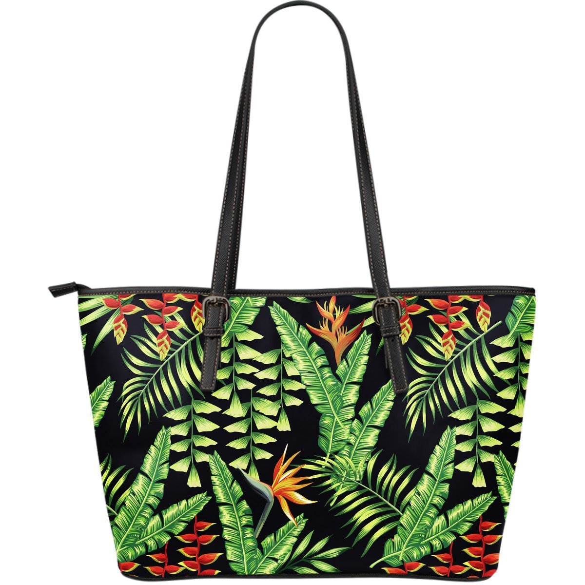 Hawaiian Flower Tropical Palm Leaves Large Leather Tote Bag
