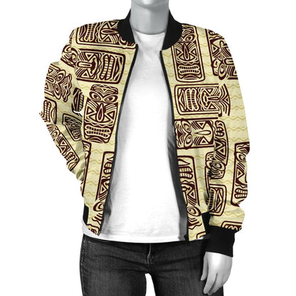 Hawaiian Polynesian Tiki Print Pattern Women Casual Bomber Jacket
