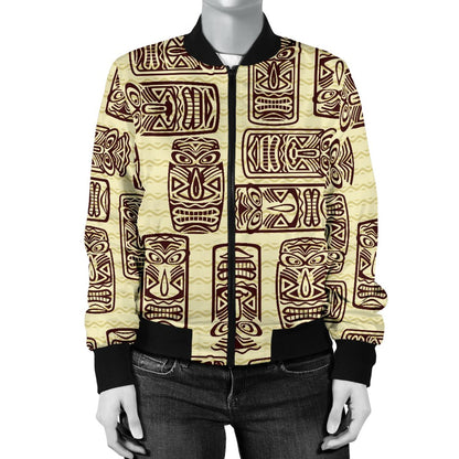 Hawaiian Polynesian Tiki Print Pattern Women Casual Bomber Jacket